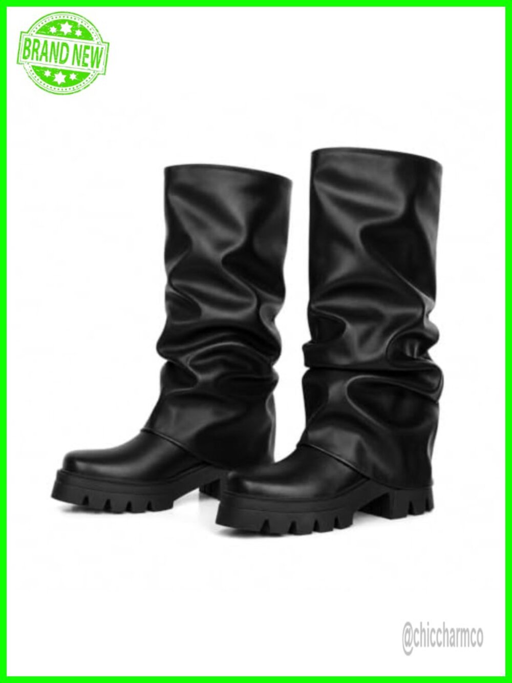 Women's Fold Over Mid Calf Ruched Boots Platform Block Heel Pull-On